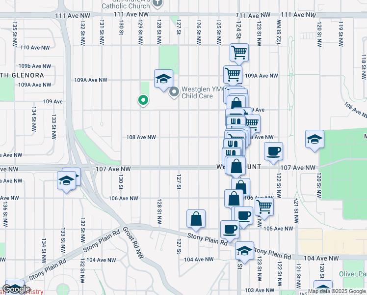 map of restaurants, bars, coffee shops, grocery stores, and more near 10719 127 Street Northwest in Edmonton