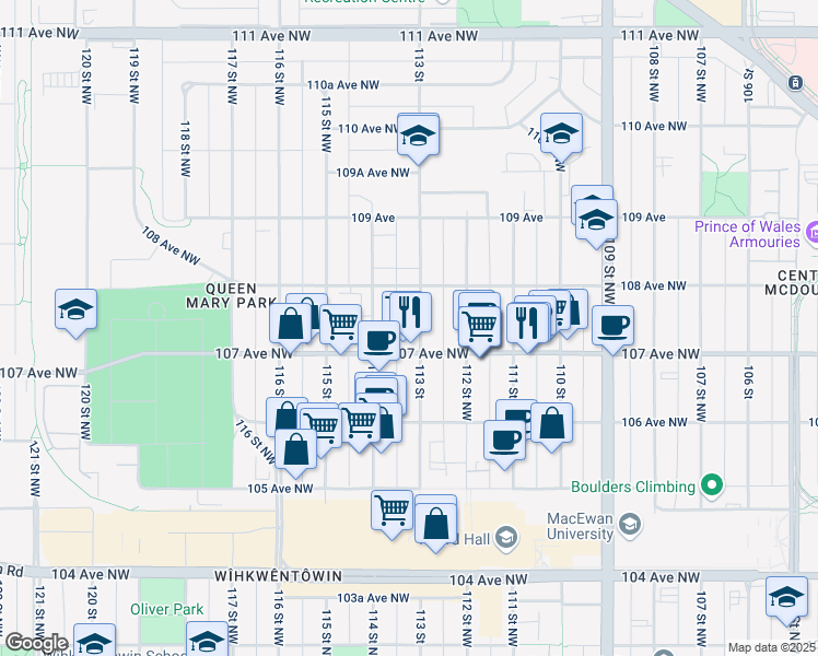 map of restaurants, bars, coffee shops, grocery stores, and more near 11230 107 Avenue Northwest in Edmonton