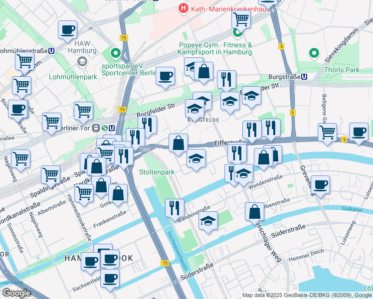 map of restaurants, bars, coffee shops, grocery stores, and more near 16 Eiffestraße in Hamburg