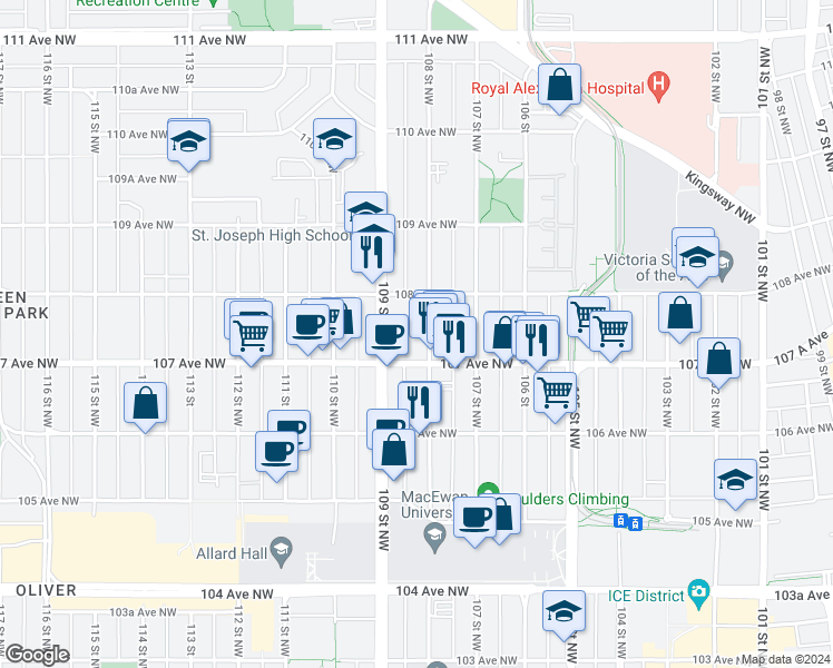 map of restaurants, bars, coffee shops, grocery stores, and more near in Edmonton