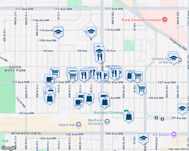map of restaurants, bars, coffee shops, grocery stores, and more near 10908 107 Avenue Northwest in Edmonton