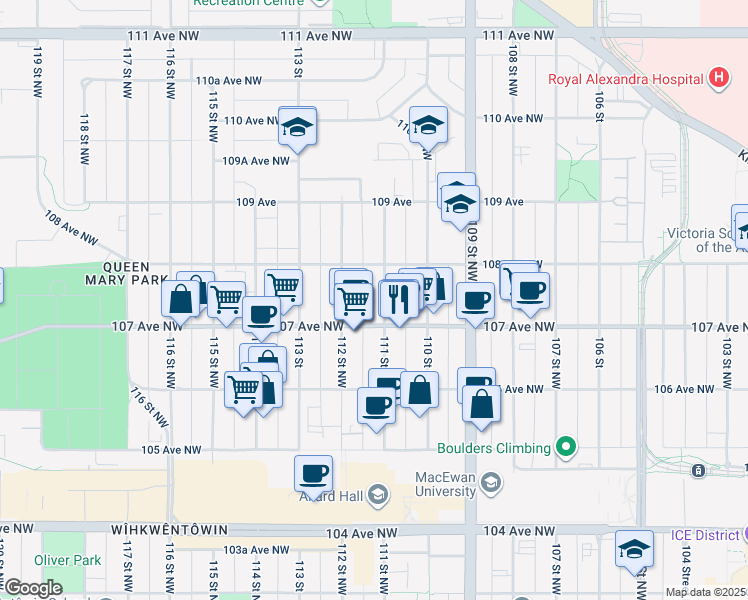 map of restaurants, bars, coffee shops, grocery stores, and more near 11104 107 Avenue Northwest in Edmonton