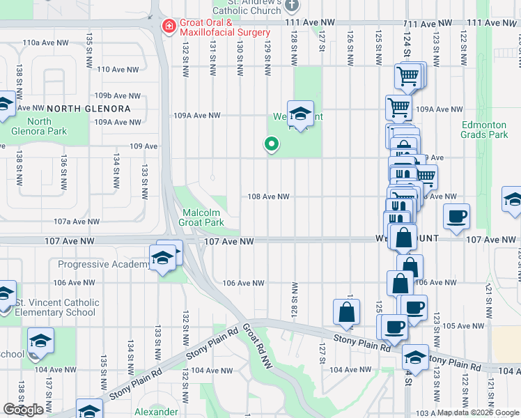 map of restaurants, bars, coffee shops, grocery stores, and more near 10711 130 Street Northwest in Edmonton
