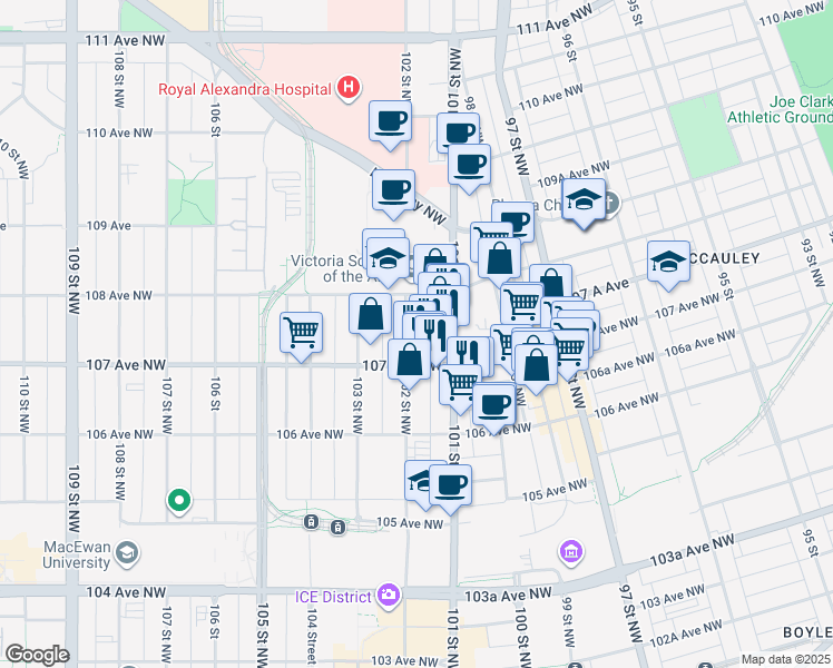 map of restaurants, bars, coffee shops, grocery stores, and more near 10723 102 Street Northwest in Edmonton