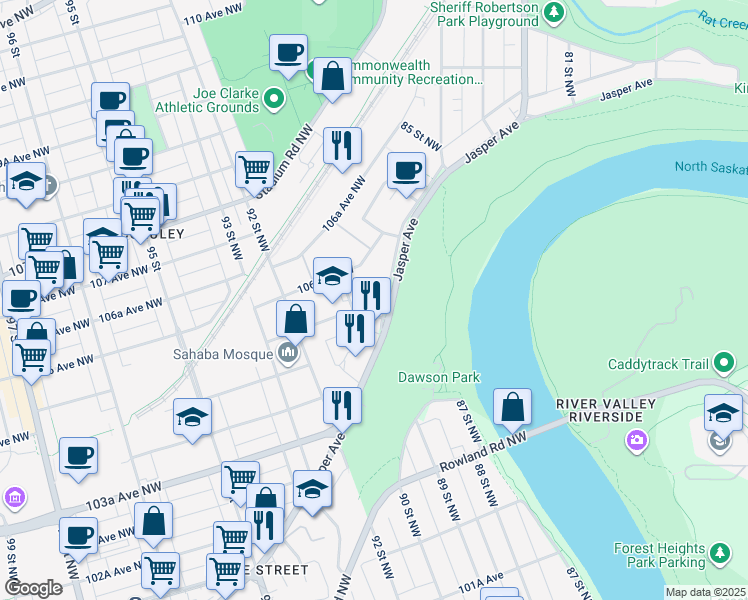 map of restaurants, bars, coffee shops, grocery stores, and more near 10531 90 Street Northwest in Edmonton