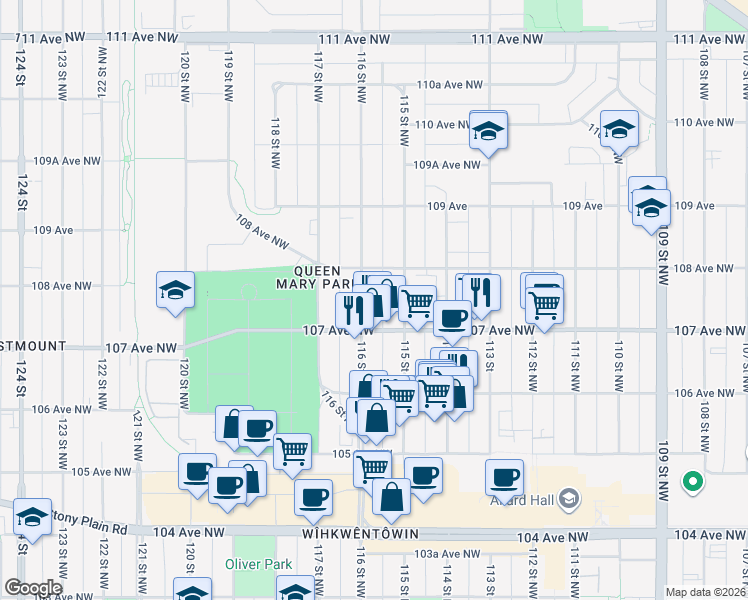 map of restaurants, bars, coffee shops, grocery stores, and more near 10924 107 Avenue Northwest in Edmonton