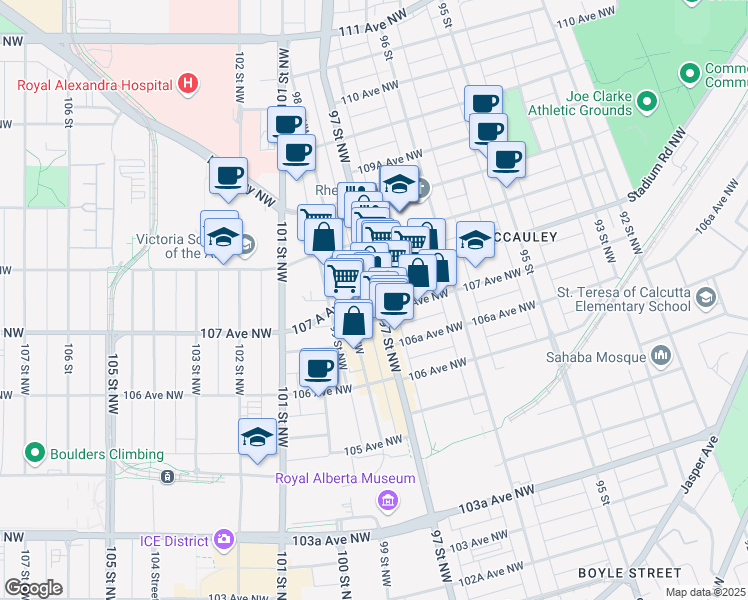 map of restaurants, bars, coffee shops, grocery stores, and more near 10722 97 Street Northwest in Edmonton