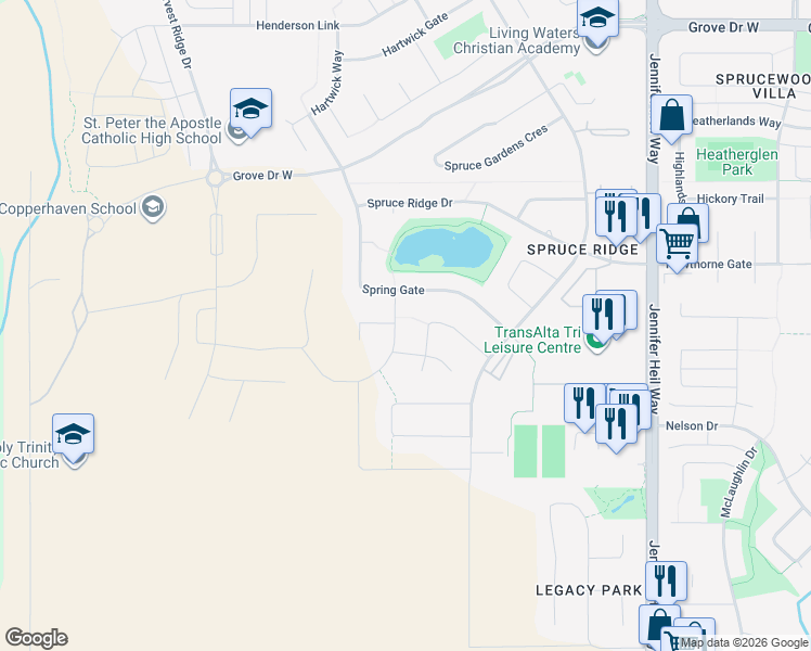 map of restaurants, bars, coffee shops, grocery stores, and more near 3 Spring Link in Spruce Grove