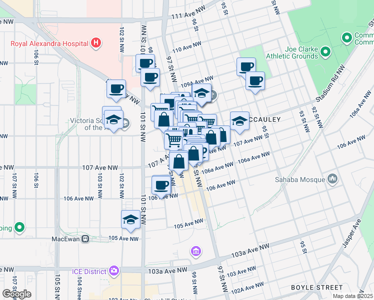 map of restaurants, bars, coffee shops, grocery stores, and more near 10722 A 97 Street Northwest in Edmonton