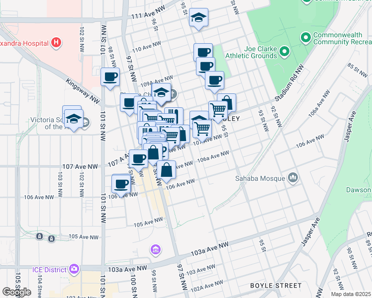map of restaurants, bars, coffee shops, grocery stores, and more near 9611 107 A Avenue in Edmonton