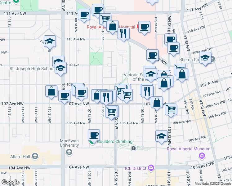 map of restaurants, bars, coffee shops, grocery stores, and more near in Edmonton