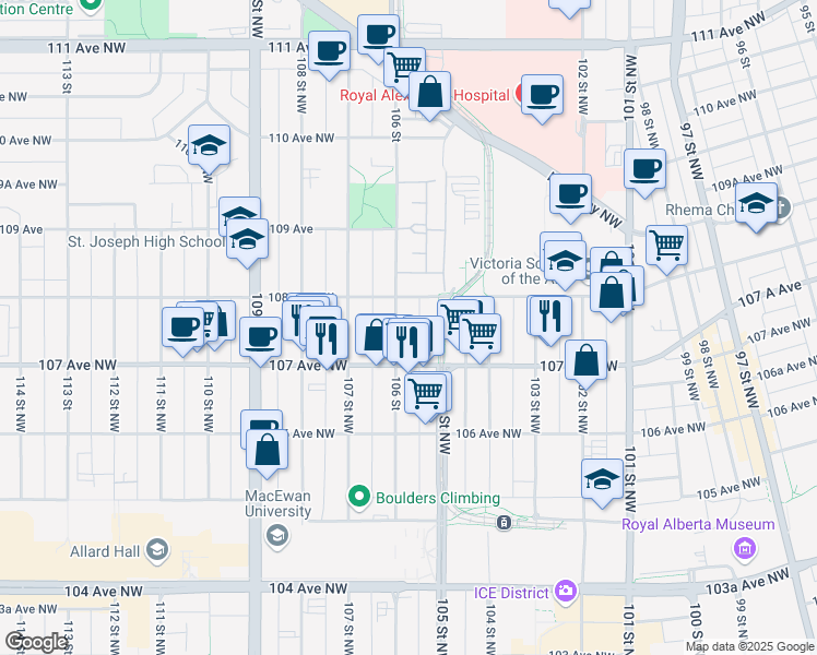 map of restaurants, bars, coffee shops, grocery stores, and more near 10516 108 Avenue Northwest in Edmonton