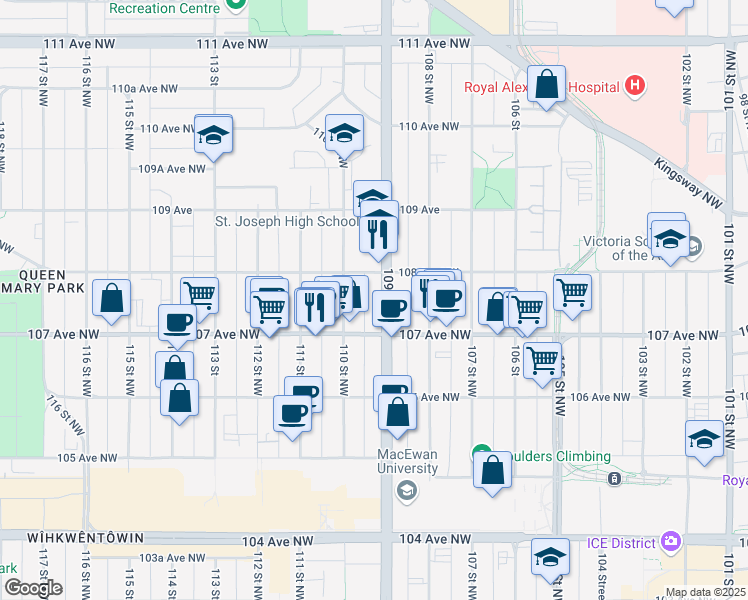 map of restaurants, bars, coffee shops, grocery stores, and more near 10804 109 Street Northwest in Edmonton