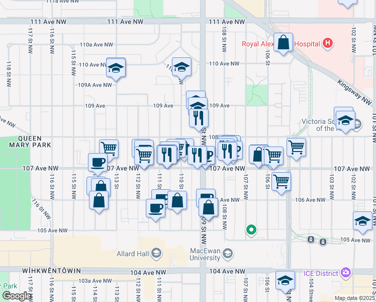 map of restaurants, bars, coffee shops, grocery stores, and more near 10804 109 Street Northwest in Edmonton