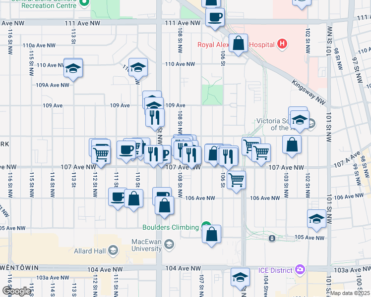map of restaurants, bars, coffee shops, grocery stores, and more near 10729 108 Street Northwest in Edmonton