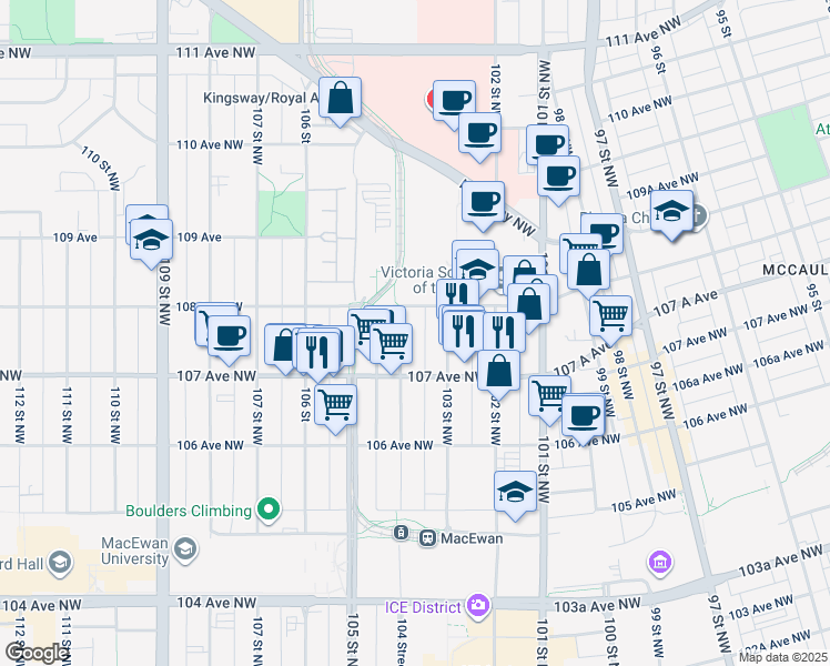 map of restaurants, bars, coffee shops, grocery stores, and more near 10747 104 Street Northwest in Edmonton