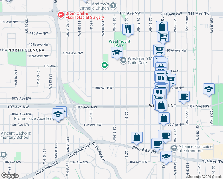 map of restaurants, bars, coffee shops, grocery stores, and more near 10811 129 Street Northwest in Edmonton