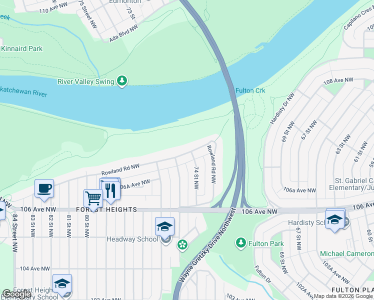 map of restaurants, bars, coffee shops, grocery stores, and more near 7324 Rowland Road Northwest in Edmonton
