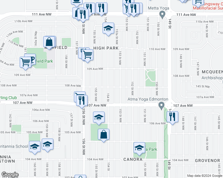 map of restaurants, bars, coffee shops, grocery stores, and more near 10741 154 Street Northwest in Edmonton