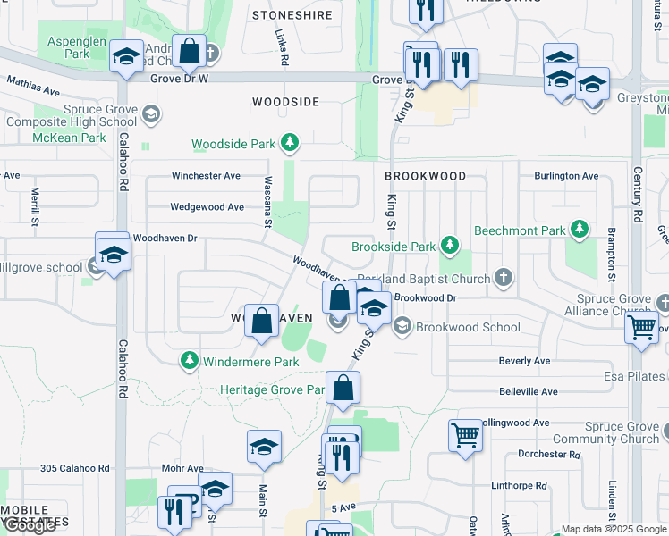 map of restaurants, bars, coffee shops, grocery stores, and more near 125 Wellington Crescent in Spruce Grove