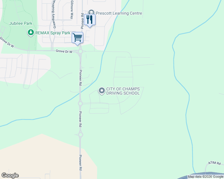 map of restaurants, bars, coffee shops, grocery stores, and more near Pioneer Road in Spruce Grove