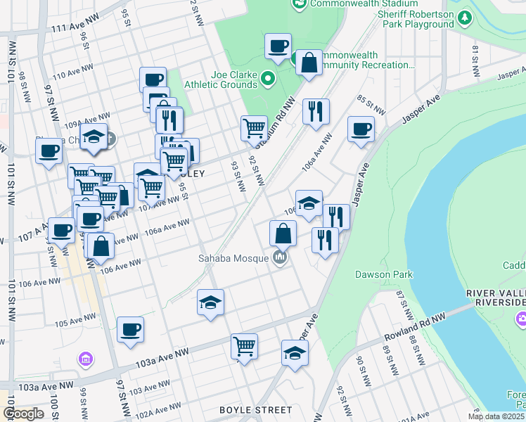 map of restaurants, bars, coffee shops, grocery stores, and more near 10630 92 Street Northwest in Edmonton