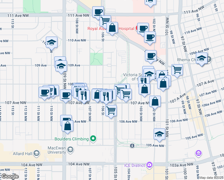 map of restaurants, bars, coffee shops, grocery stores, and more near 10520 108 Avenue Northwest in Edmonton