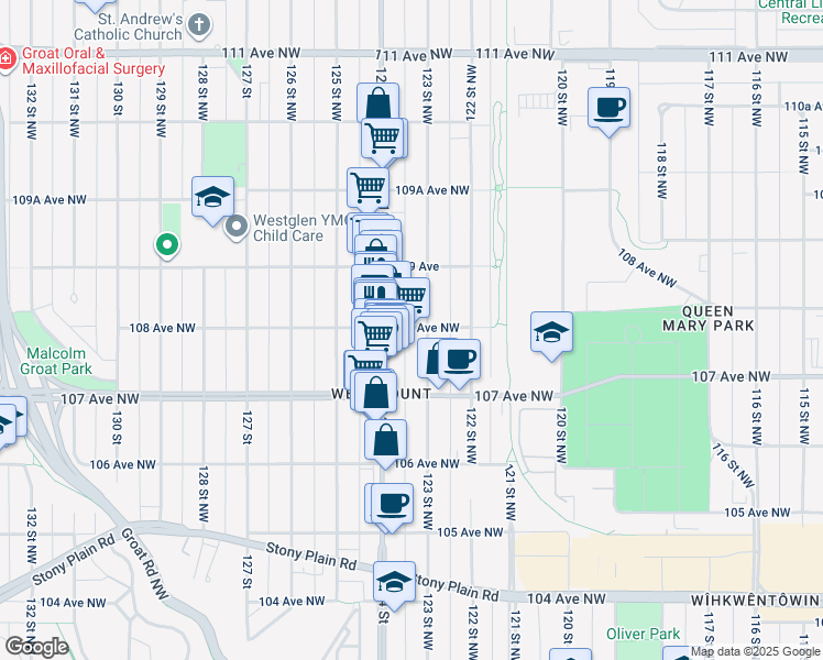 map of restaurants, bars, coffee shops, grocery stores, and more near 12311 108 Avenue Northwest in Edmonton