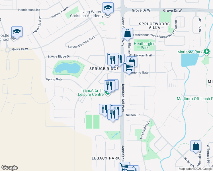 map of restaurants, bars, coffee shops, grocery stores, and more near 3 Spruce Ridge Drive in Spruce Grove