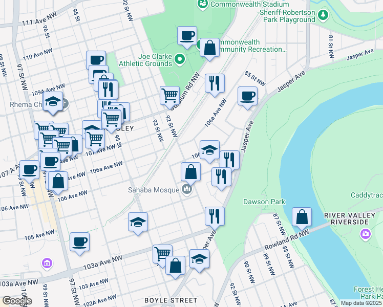 map of restaurants, bars, coffee shops, grocery stores, and more near 9010 106 Avenue Northwest in Edmonton