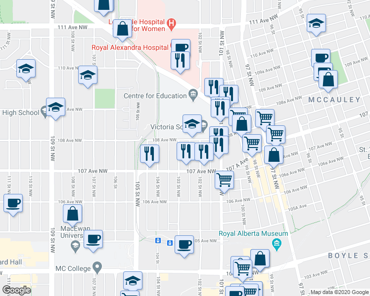 map of restaurants, bars, coffee shops, grocery stores, and more near 10750 103 Street Northwest in Edmonton