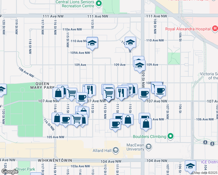 map of restaurants, bars, coffee shops, grocery stores, and more near in Edmonton