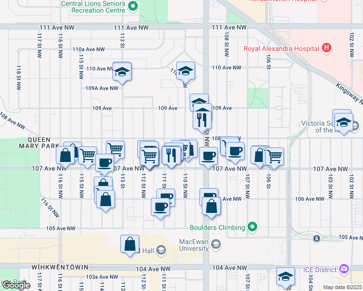 map of restaurants, bars, coffee shops, grocery stores, and more near 10740 110 Street Northwest in Edmonton