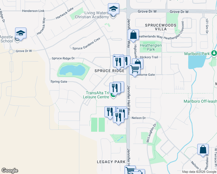 map of restaurants, bars, coffee shops, grocery stores, and more near 3 Spruce Ridge Drive in Spruce Grove