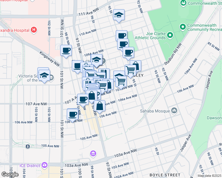 map of restaurants, bars, coffee shops, grocery stores, and more near 9611 107 A Avenue in Edmonton