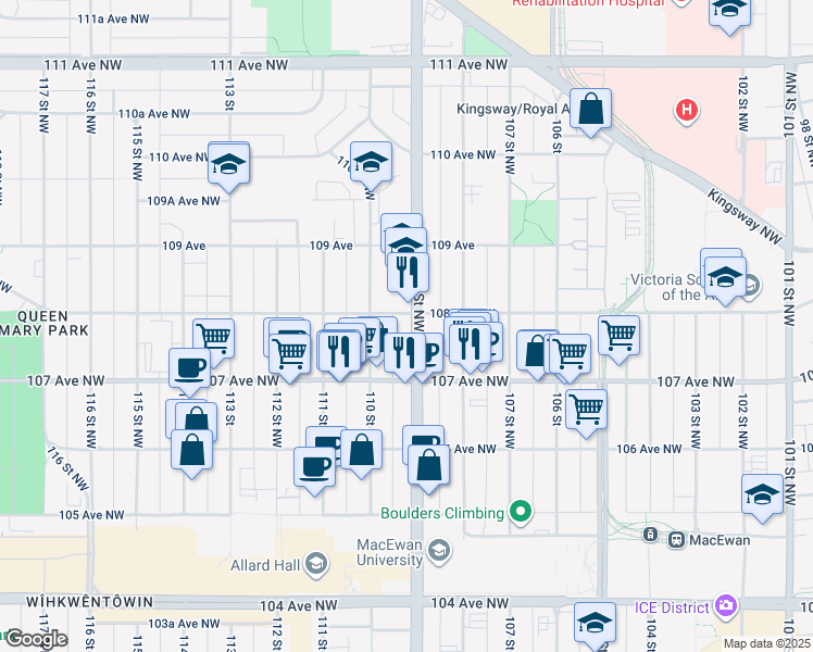 map of restaurants, bars, coffee shops, grocery stores, and more near 10804 109 Street Northwest in Edmonton