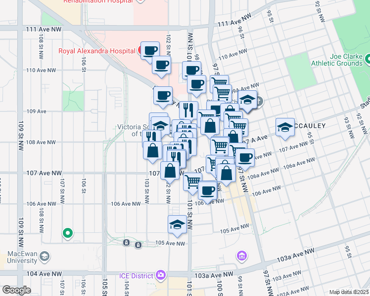 map of restaurants, bars, coffee shops, grocery stores, and more near 10105 108 Avenue Northwest in Edmonton