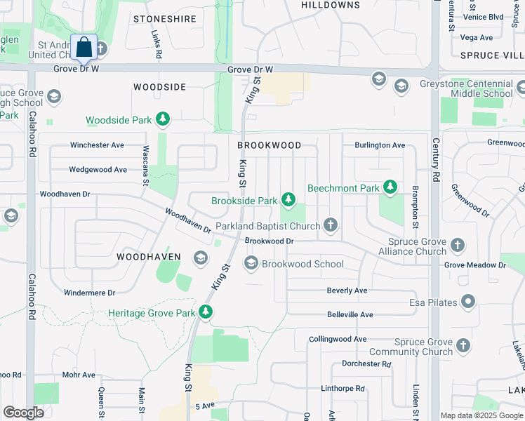 map of restaurants, bars, coffee shops, grocery stores, and more near 87 Brookwood Drive in Spruce Grove
