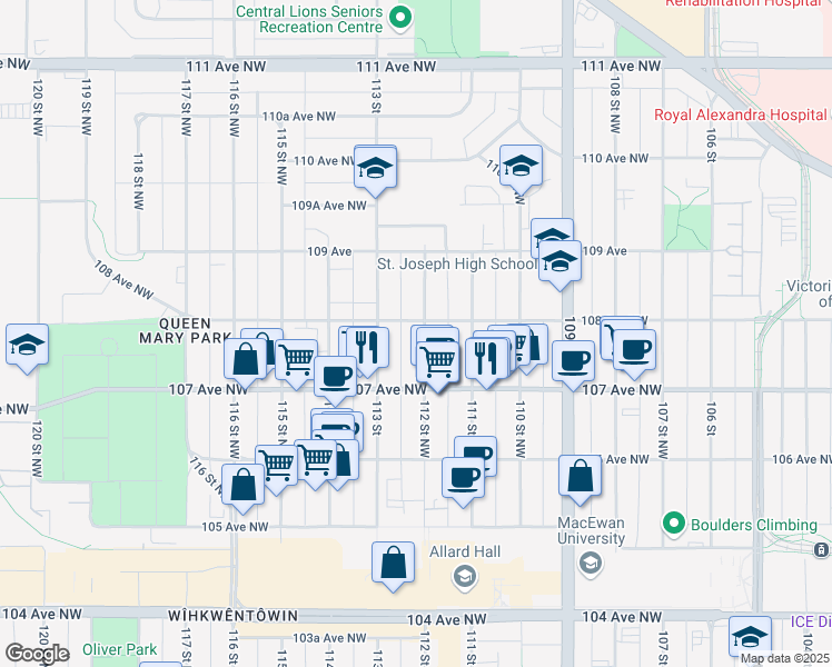 map of restaurants, bars, coffee shops, grocery stores, and more near 10740 112 Street Northwest in Edmonton