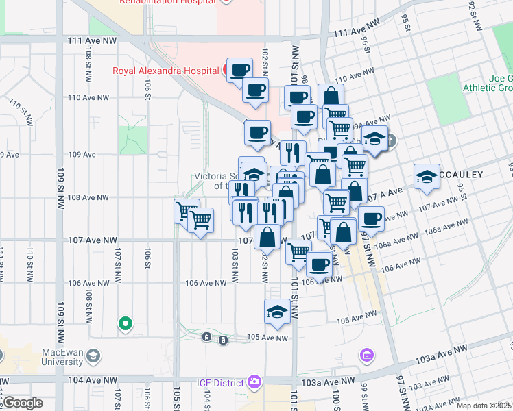 map of restaurants, bars, coffee shops, grocery stores, and more near 10210 108 Avenue Northwest in Edmonton