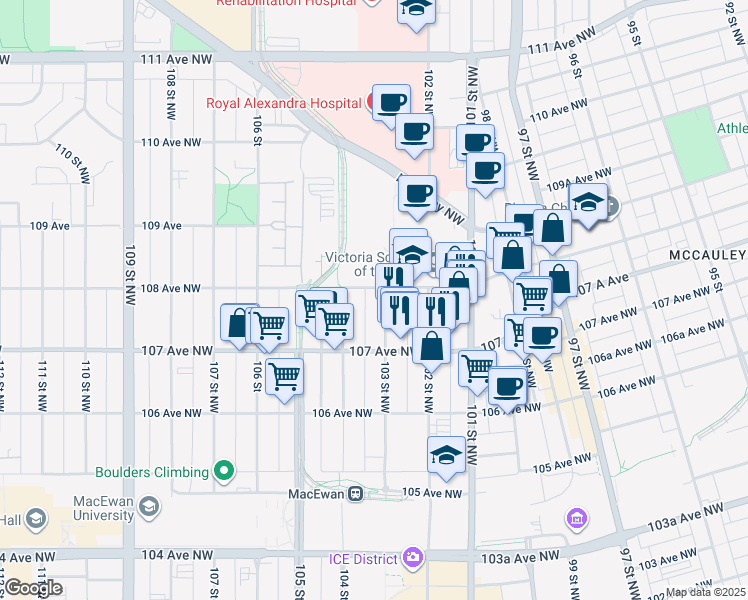map of restaurants, bars, coffee shops, grocery stores, and more near 10750 103 Street Northwest in Edmonton