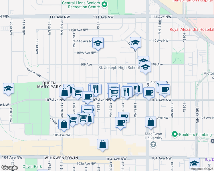 map of restaurants, bars, coffee shops, grocery stores, and more near in Edmonton