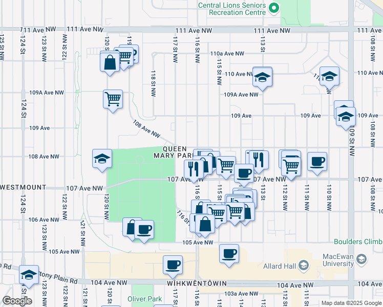 map of restaurants, bars, coffee shops, grocery stores, and more near 10750 116 Street Northwest in Edmonton