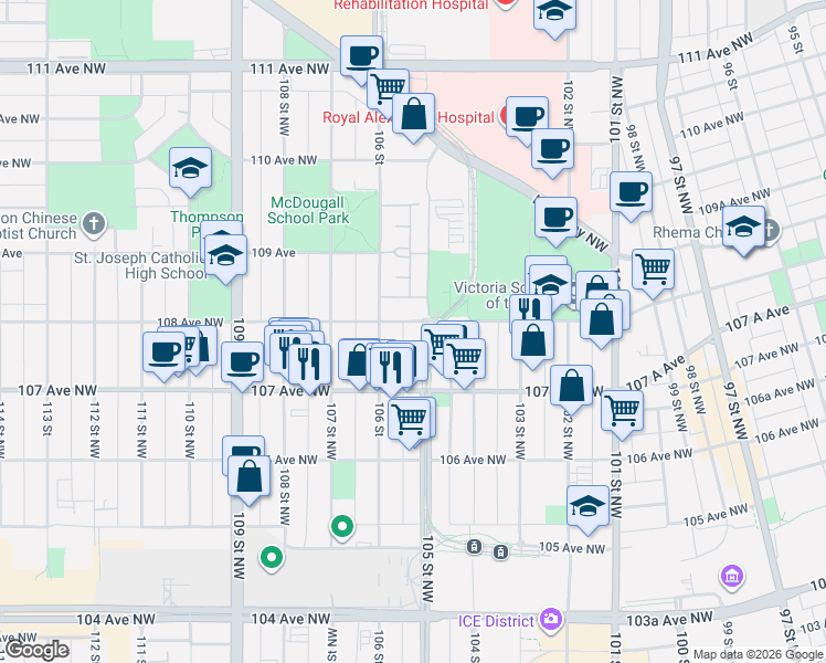 map of restaurants, bars, coffee shops, grocery stores, and more near 10516 108 Avenue Northwest in Edmonton
