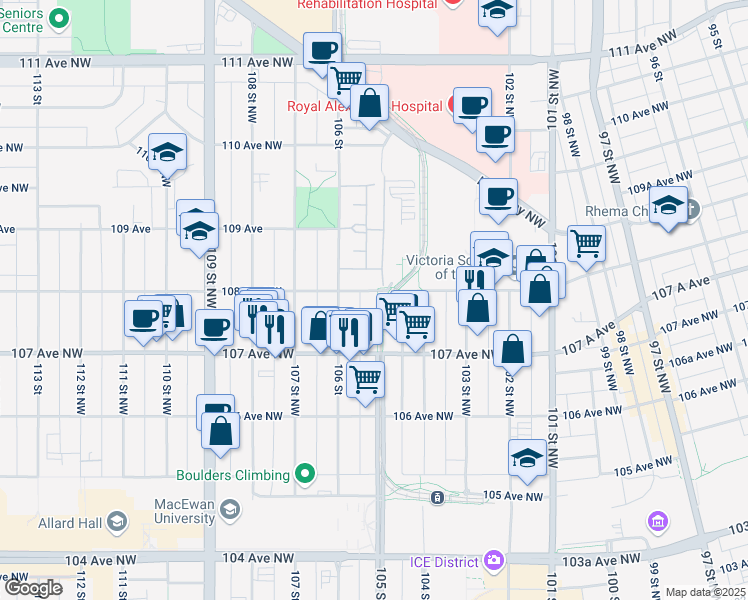 map of restaurants, bars, coffee shops, grocery stores, and more near 10740 105 Street Northwest in Edmonton