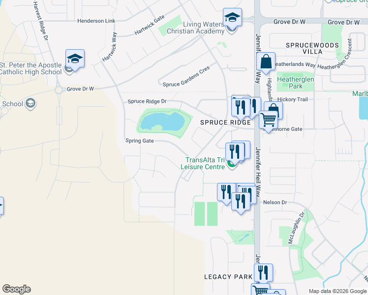 map of restaurants, bars, coffee shops, grocery stores, and more near in Spruce Grove