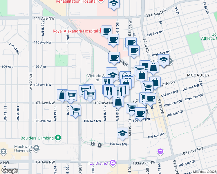 map of restaurants, bars, coffee shops, grocery stores, and more near 10750 103 Street Northwest in Edmonton