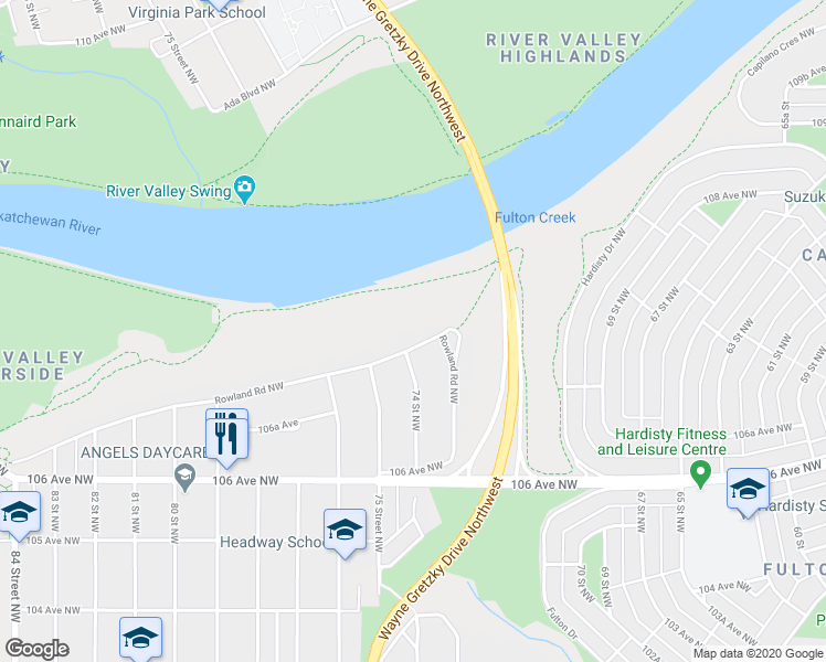 map of restaurants, bars, coffee shops, grocery stores, and more near 7324 Rowland Road Northwest in Edmonton