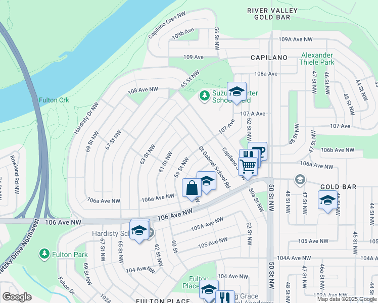 map of restaurants, bars, coffee shops, grocery stores, and more near 10676 59 Street Northwest in Edmonton