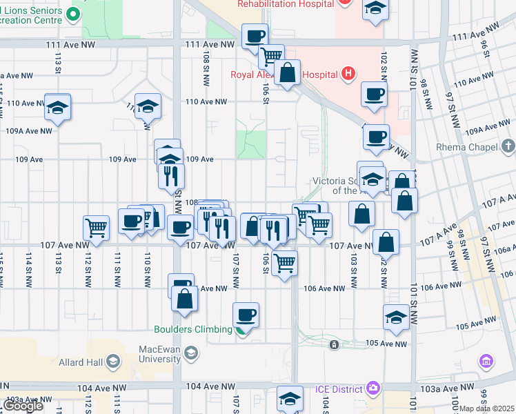 map of restaurants, bars, coffee shops, grocery stores, and more near 10603 108 Avenue Northwest in Edmonton